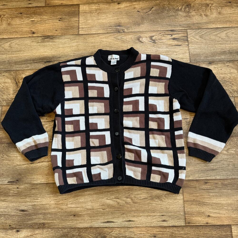 Vintage 80s Liz Claiborne Geometric Abstract Knit Cardigan Sweater